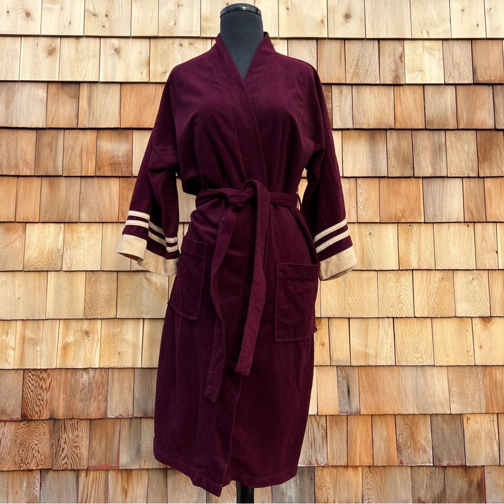 VTG 1970s Caulfield Burgundy and Cream Velour Bathrobe Dressing Gown, S/M